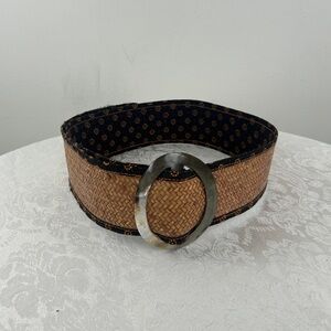 Vintage Tan Brown Wicker Woven Belt with Mother of Pearl Buckle